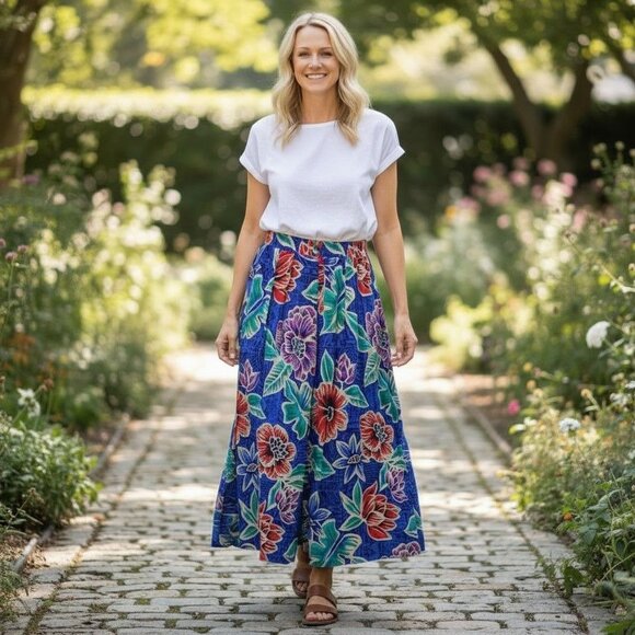 Vtg Worthington Blue Floral Pleated Skirt 8 USA 90s - Picture 1 of 11